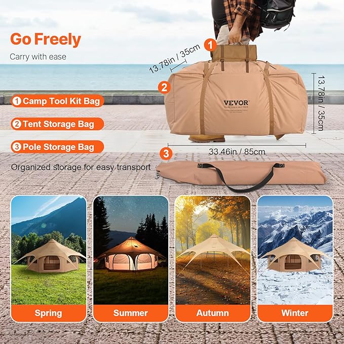VEVOR Canvas Tent Bell, Yurt 4 Seasons for Camping with Stove Jack, Breathable Holds up to 4 People, Family Camping Outdoor Hunting Party