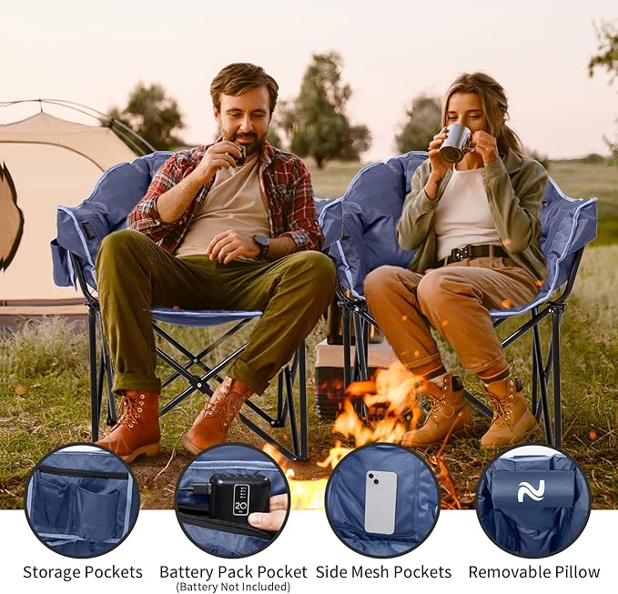 Oversized Heated Camping Chair, 3 Heating Levels Soft Padded Camp Chairs with Pillow and Storage Bag, Portable Folding Outdoor Heated Moon Chair for Camping Lawn Patio Beach and Picnics