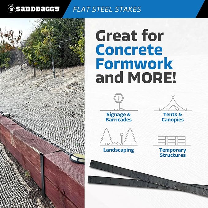 Sandbaggy Flat Steel Stakes for Concrete Forms with Nail Holes - 1.5" Wide - Painted - Removable, Reusable, V Point End - Construction Grade Stakes (10, 60 inch)
