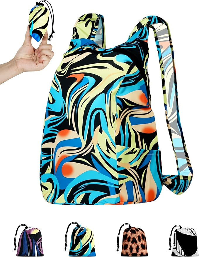 Pocket-Sized Hiking Daypack, Fashion patterns Lightweight 2.8oz, Water resistant Backpack for Women Men Camping (Blue&Green swirl)