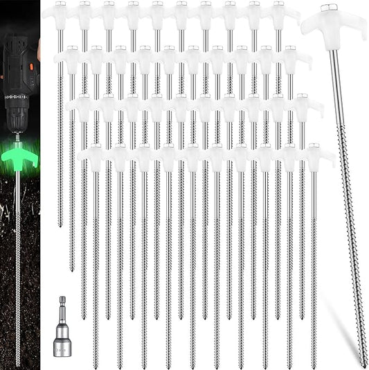 Hicarer 40 Pcs 12 Inch Tent Stakes Screw in Camping Stakes Heavy Duty Metal Spikes Ground Anchor Peg Threaded Tent Spikes with Hex Head Driver for Camping Garden Inflatable (Luminous White)