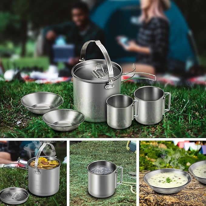 Lixada 5PCS Camping Cookware Set Stainless Steel 1.2L Camping Pot with 2 Cups & 2 Bowls, Lightweight Portable Backpacking Pot with Foldable Handles & Lid for Outdoor Cooking Hiking Picnic
