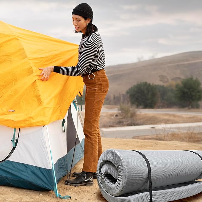 Foldable Memory Foam Camping Mattress with Travel Bag/Portable Roll Up Sleeping Pad Mat with Water-Resistant Zipper Cover for Outdoor Activities, Tent, RVs, Car, Guest Rooms and Dorms