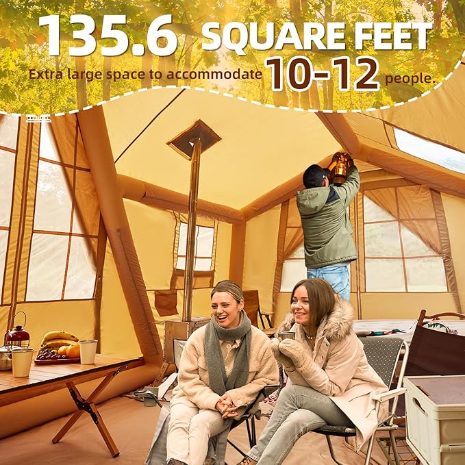EROMMY 4/6/8/12 Person Inflatable Tent with Skylight, 4 Season Blow Up Tents with Hand Pump for Outdoor Camping & Hiking, Easy Set-up Windproof Sunproof Waterproof