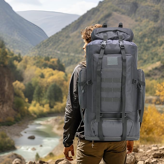 100L Hiking Camping Backpack MOLLE Rucksack Waterproof Daypack (Grey)