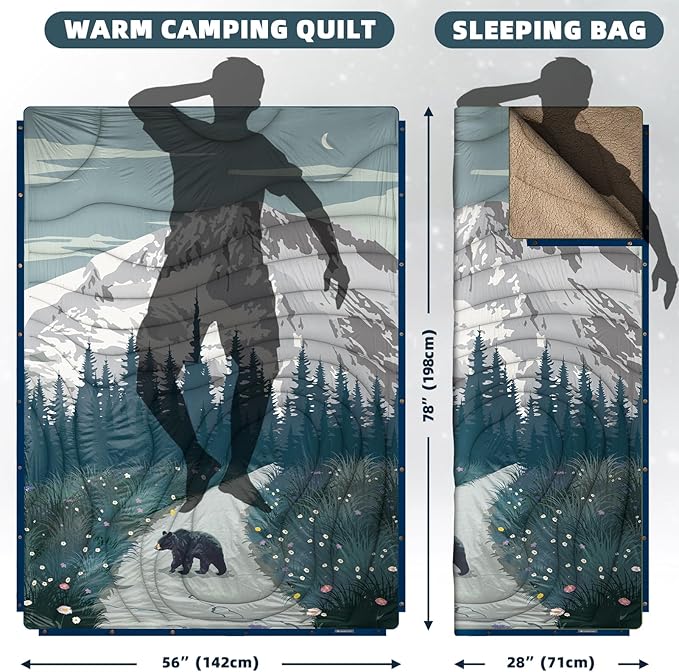 Outdoor Camping Blanket with Sherpa Lining, Extra Warm Thick Camp Blankets and Puffy Ultralight Soft Poncho DWR Camping Quilt for Cold Weather, Adventure, Sleeping, Backpacking 78"x 56"