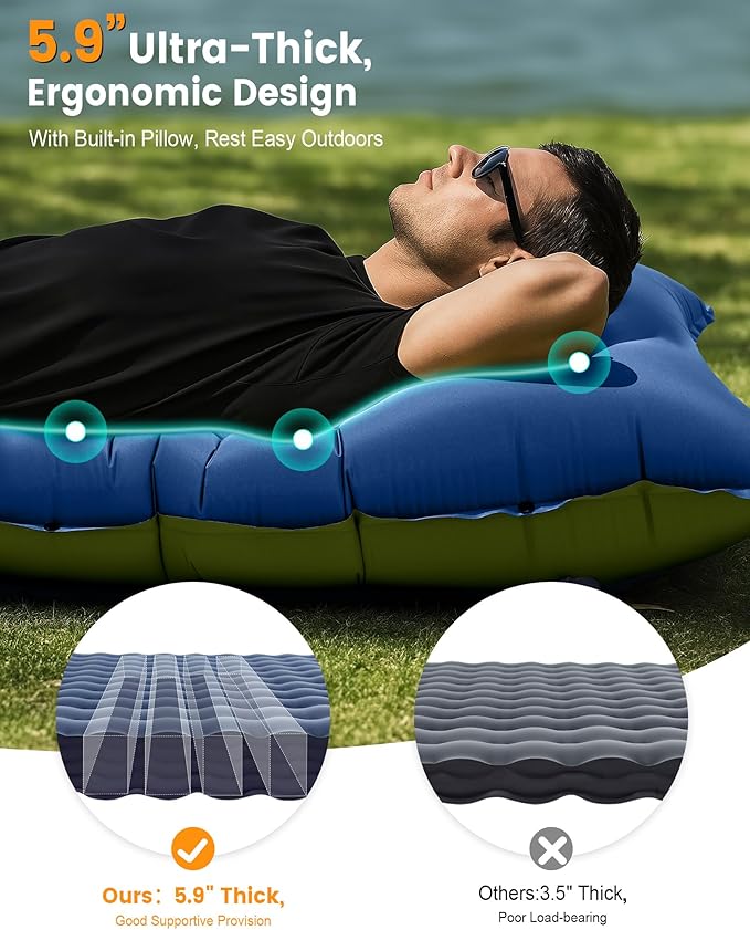 Camping Sleeping Pad,5.9 Inch Thick Camping Mat with Built in Pillow and Foot Pump,Self Inflating Sleeping Pad Ultralight for Camping Backpacking Tent（Green