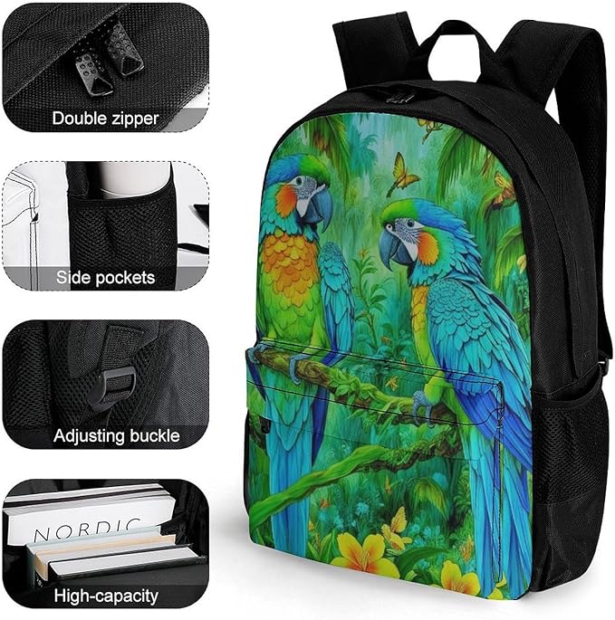 Supdreamc Men Women Lightweight Parrots Spirit Art Backpack Large Capacity Carry On Bag With Padded Straps for Sports Work Walking Cycling