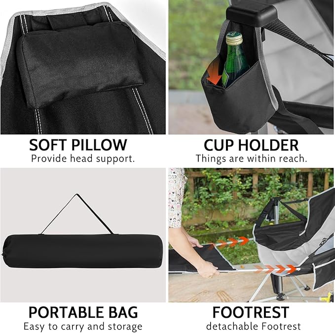 Romswi 2Pk Aluminum Hammock Camping Chair with Footrest, Oversized Portable Swinging Chair with Adjustable Back & Seat, Lightweight Folding Rocking Camp Chair Supports 440lbs for Outdoor, Patio Black