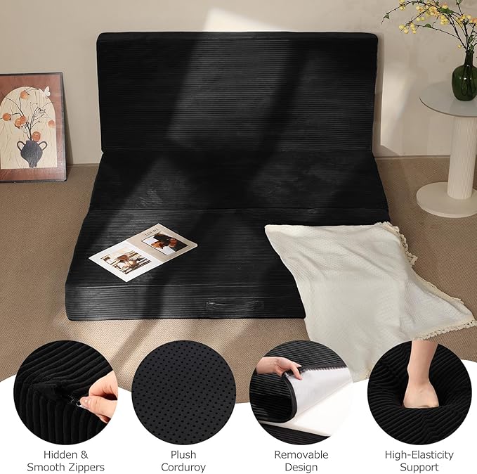 6-Inch Tri-Fold Mattress Full Size - Foldable Futon Sofa Bed with Removable Washable Cover, Folding Memory Foam Futon Mattress | Non-Slip Bottom & Carry Handles for Guest, Camping, Dorm