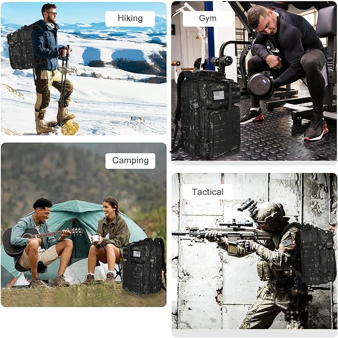 WOLT Military Tactical Backpack for Men 45L Molle Backpack 3 Day Assault Pack Bug Out Bag, Heavy Duty Rucksack for Hiking Gym, Camouflage Black