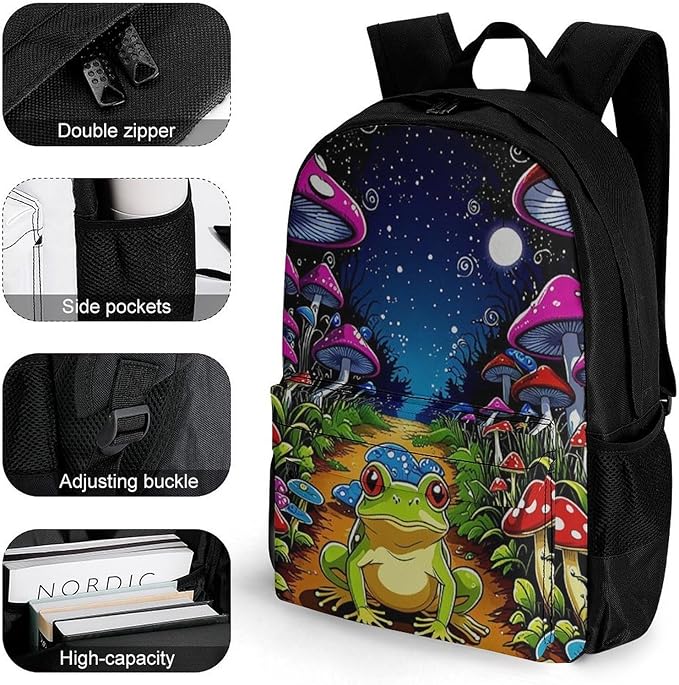 Supdreamc Men Women Lightweight Psychedelic Magic Mushrooms Frog Trippy Art Backpack Large Capacity Bookbag With Smooth Zippers for Gym Business Running