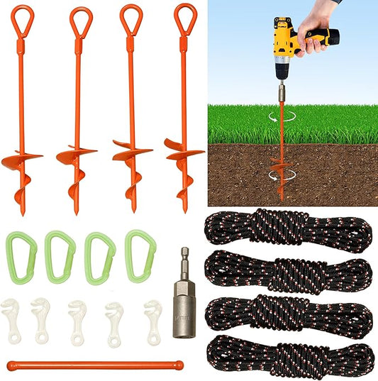 15 inch 4 Pack Ground Anchor Stakes, High Visibility Multi-Purpose Heavy Duty Metal Earth Augers for Tents, Canopies, Trampoline Sheds, Car Ports, Swing Sets, (Orange-4 Pack)