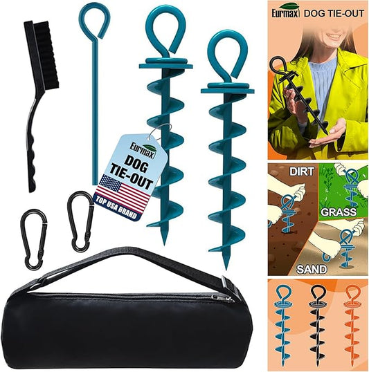 Eurmax USA Heavy Duty Dog Tie Out Stake for Large Dogs up to 210 lbs,Dog Stakes Outside,Ground Anchor for Dog Leash,Runner Cable,Trampoline Stakes 2-Pack (Navy Blue)