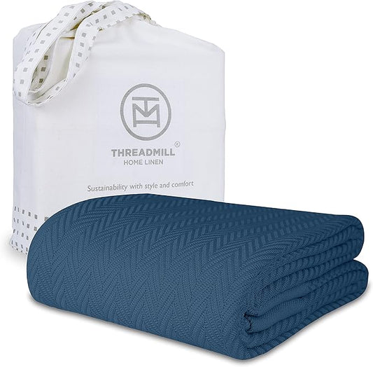 Threadmill Luxury Cotton Blankets for King Size Bed | All-Season Cozy 100% Cotton King Size Blanket | Herringbone Soft Fall Thermal Blanket fits Cal King Size Bed | Folkstone Blue