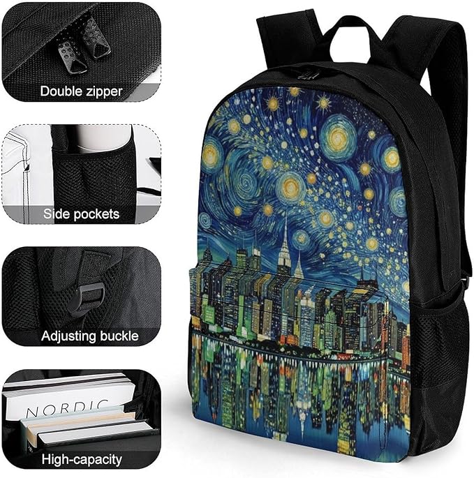 Supdreamc Men Women Lightweight Chicago City Skyline Night View Starry Sky Painting Backpack Large Capacity Carry On Bag With Padded Straps for Sports Work Walking Cycling