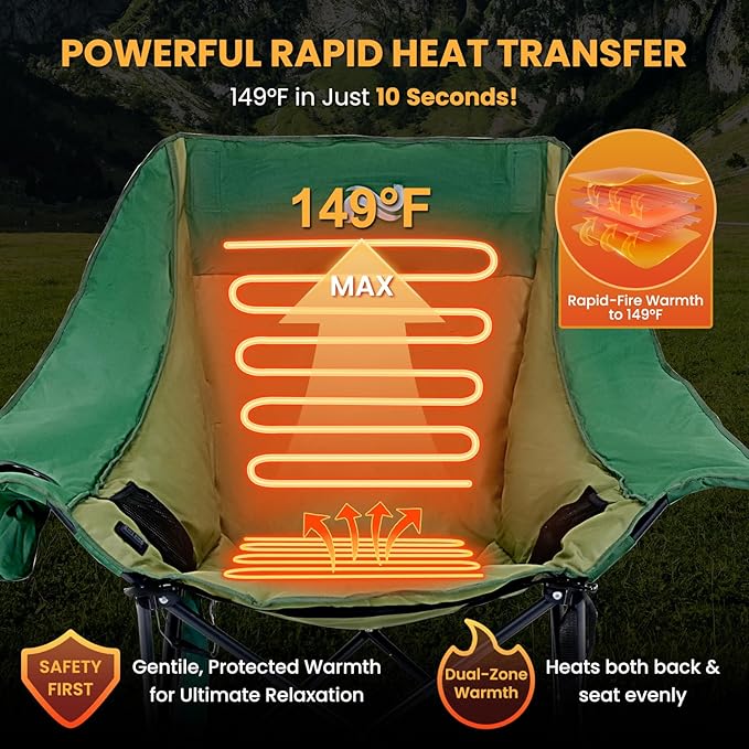 Begonia.K Oversized Heated Rocking Camping Chair - 400lbs Capacity Padded Camping Recliner w/ 3 Levels Back Seat Heat - Folding Lawn Chair with Side Pockets for Camp Patio Backyard