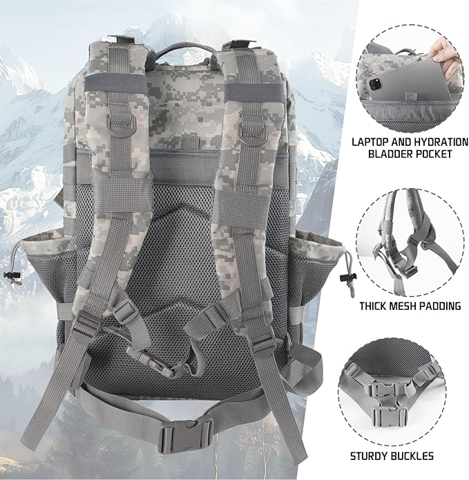 45L Grey Camo Military Tactical Backpack 3 Day Molle Assault Pack Large Army Bug Out Bag Rucksack Daypack for Men Outdoor Hiking Army Camping Hunting