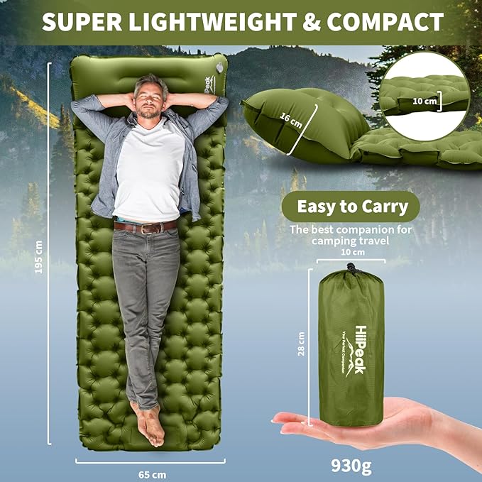 HiiPeak Sleeping Pad for Camping- Ultralight Inflatable Sleeping Mat with Built-in Foot Pump & Pillow, Upgraded Compact Camping Air Mattress for Tent, Backpacking, Hiking