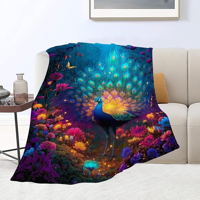 Fantasy Peacock Blanket Animal Throw Blankets Gifts for Girls Boys Kids Peacock Lover Soft Cozy Fleece Plush for Couch Sofa Bed 80"x60"