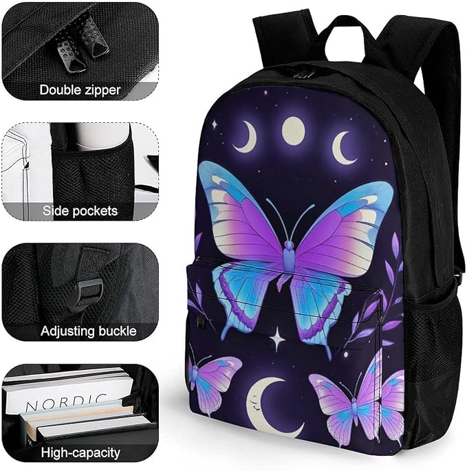 Polyester Daypack Backpack for Sports Travel Running, Big Capacity Anti-Theft Multipurpose Carry On Bag, Magic Moon Moth Mystical Goth Astrology Art Laptop Book Bag Rucksack
