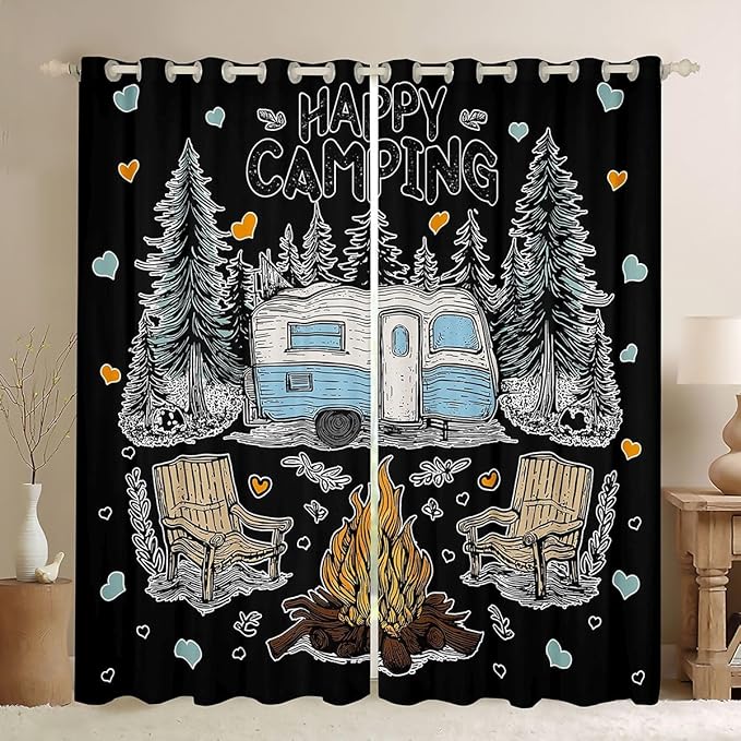 Feelyou Black Camping Camper Rv Curtains for Bedroom Living Room Rustic Farmhouse Camper Blackout Shades Happy Camping Room Darkening Curtain Window Treatments, 2 Panels 42 x 63 Inch Decor