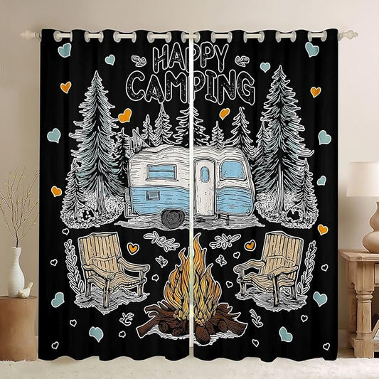 Feelyou Black Camping Camper Rv Curtains for Bedroom Living Room Rustic Farmhouse Camper Blackout Shades Happy Camping Room Darkening Curtain Window Treatments, 2 Panels 42 x 63 Inch Decor