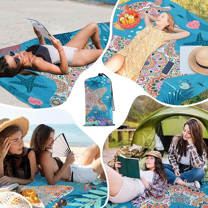Beach Blanket Waterproof Sandproof, Bohemian Starfish Oversized Extra Large Beach Mat 83"×95"/8 × 7 FT for 1-7 Adults for Picnic Travel Camping Hiking, Quick Drying Lightweight Vacation Essentials