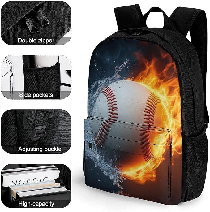 Polyester Daypack for Camping Travel Walking Cycling, Big Capacity Anti-Theft Multipurpose Bookbag, Water Fire Baseball Sport Camping Outdoor Backpack