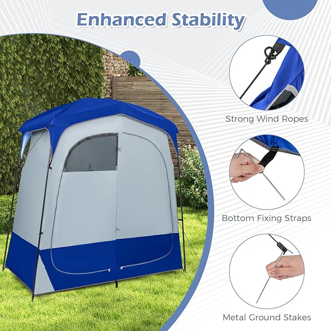 Goplus 2 Room Shower Tent, Portable Camping Changing Shelter with Floor Drain,Detachable Rain Fly, Stakes & Ropes, UV Protection, Water Resistant Privacy Tent for Outdoor Toilet, Dressing (Navy)