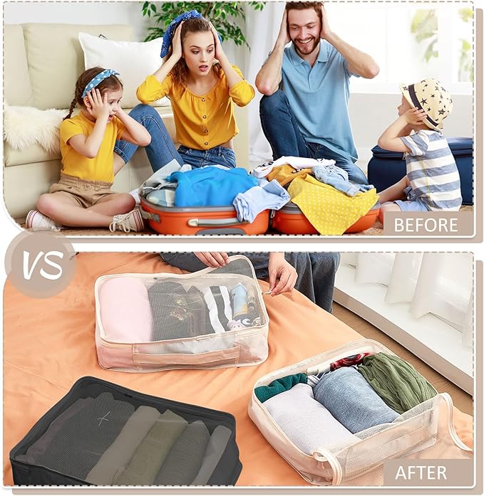 Silkfly 8 Pcs XL Packing Cube for Travel Luggage Organizer Suitcase High Capacity Large Packing Bag Bulk Reusable Mesh Travel Cube for Hiking Camping Accessory, 17.7 x 13 x 4.7 Inch (Black Beige)
