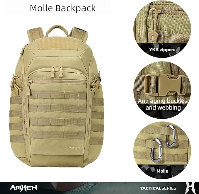 32L Tactical Backpack - MOLLE Everyday Carry with Suspended 17" Laptop Compartment for Work, Travel and Emergency (Tan)