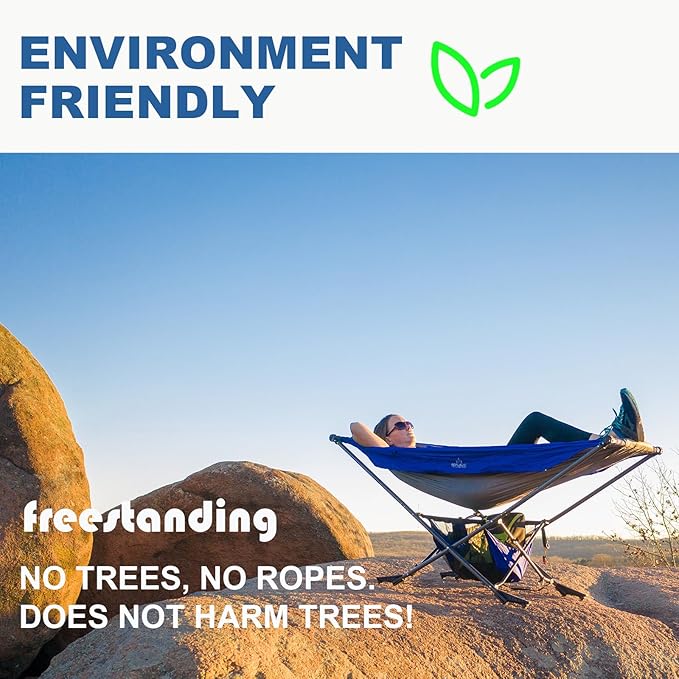 Portable Hammock with Stand, World's Best Mock ONE® Hammock, Compact Folding Framed Hammock with Adjustable Sunshade Canopy for Park, Backyard, Garden, Camping, Hiking, Mountaineering, Beaches- Blue
