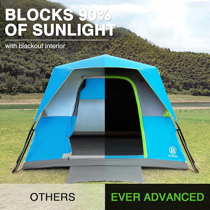 EVER ADVANCED 6 Person Camping Tent, Blackout Design Tent for Camping Instant Cabin Tents for Family with Rainfly, 60s Easy Setup, Water-Resistant
