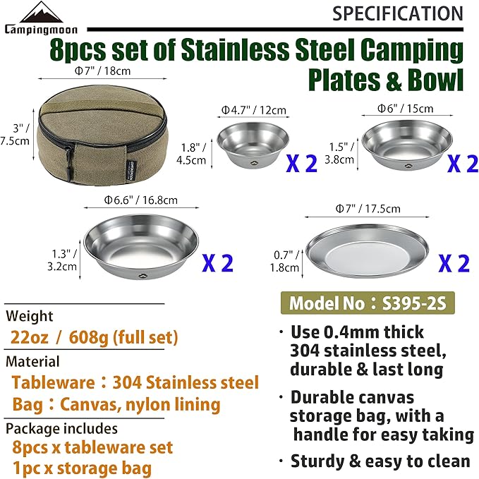 CAMPINGMOON Camping Plates Set Stainless Steel Dishwasher Safe Kitchenware S395 (Pack of 4, 標準)