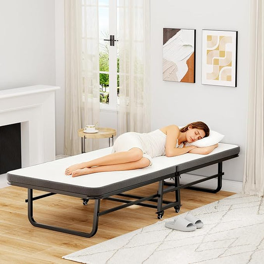Folding Bed with 2.2 inch Mattress, 71.5x32 Cot Size Frame, Portable Rollaway Guest Bed with 2.2 inch Memory Foam Mattress, Space-Saving Foldable Design for Easy Storage