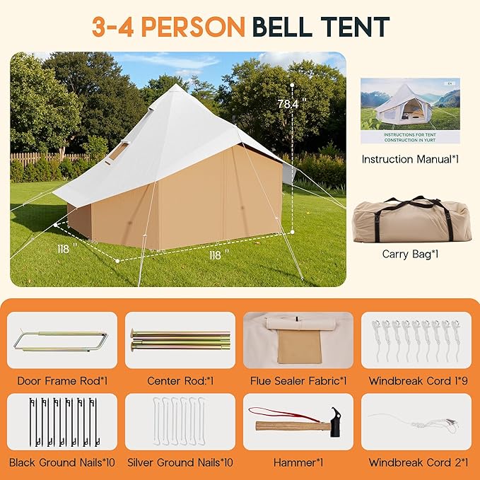 SPECRAFT Canvas Bell Yurt Tents & Inflatable Tent for Camping, Waterproof Glamping Tent with Stove Jack, Breathable Mesh, Snowproofing Spacious 4-Season Family Shelter for Outdoor, Camping, Parties