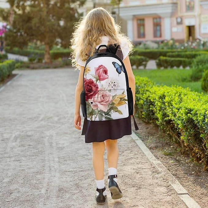 Lightweight Backpack for Gym Travel Bicycle, Big Capacity Multipurpose Anti-Theft Carry On Bag, Flower Shabby Chic Roses Buds Leaves Tulips Floral Butterfly Travel Hiking Bag Day Pack
