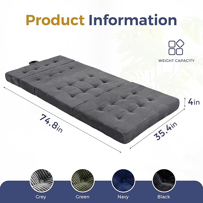 MAXYOYO Folding Mattress, 4 Inch Tufted Foldable Mattress Full Foam Bed, Tri-Fold Floor Couch with Handles Guest Bed Topper Portable Camping Mat with Corded Fabric, Twin Size, Dark Grey