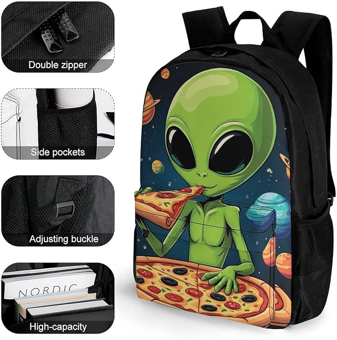 Polyester Daypack Backpack for Sports Travel Running, Big Capacity Anti-Theft Multipurpose Carry On Bag, Funny Space Dj Alien Eating Pizza Art Laptop Book Bag Rucksack