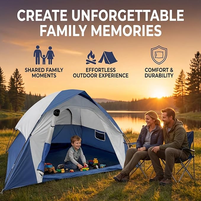 XL 4 Person Dome Camping Tent, Double Layer Waterproof, Removable Rain Fly, for Outdoor Hiking, Fishing