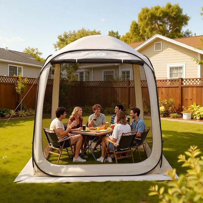 Screen House Tent VEVOR 6x6FT Pop-Up Screen Tent for 4–6 Person, Portable Screen Room Gazebo with Netting, Carry Bag & Ground Stakes, Instant Screen Canopy for Patio Backyard Garden Camping