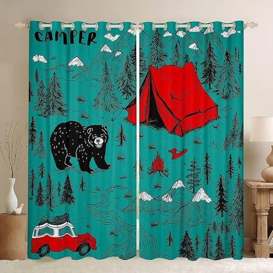 Feelyou Camper Camping Curtains for Bedroom Living Room Rustic Farmhouse Animal Bear Blackout Darkening Drapes Green Camping Window Treatments, 2 Panels 52 x 63 Inch Room Decor