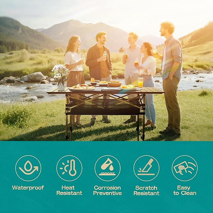 Height Adjustable Camping Table Tall Large Outdoor Folding Camping Table with Wide-Base Anti-Sink Legs & Carry Bag for Camping BBQ Beach Backyard (Beige)
