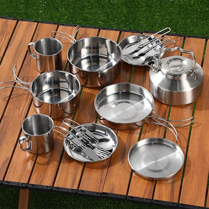 15 Pcs Camping Cookware Mess Kit Outdoor Cooking Set Stainless Steel with Pot and Pan Kit 2 Set Stainless Steel Cups Plates Forks Knives Spoons for Camping Backpacking Cooking Picnic
