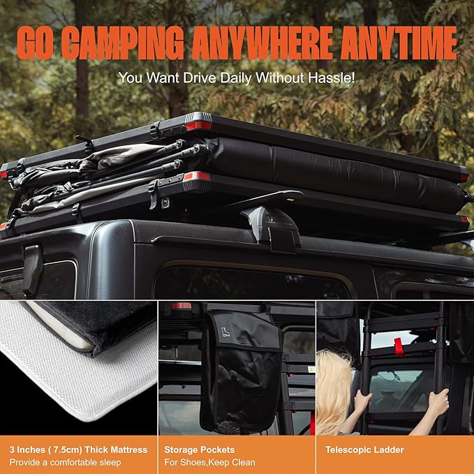ILANDER Rooftop Tent Hardshell for SUV Van Jeep Truck, Aluminum Alloy Car Rooftop Tent, Waterproof and UV-Resistant Overland Roof Tents Camping for 2-3 Person