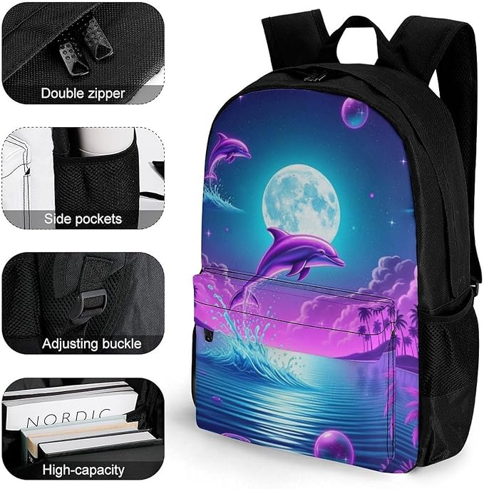 Polyester Daypack for Camping Travel Walking Cycling, Big Capacity Anti-Theft Multipurpose Bookbag, Full Moon Dolphin Purple Blue Camping Outdoor Backpack