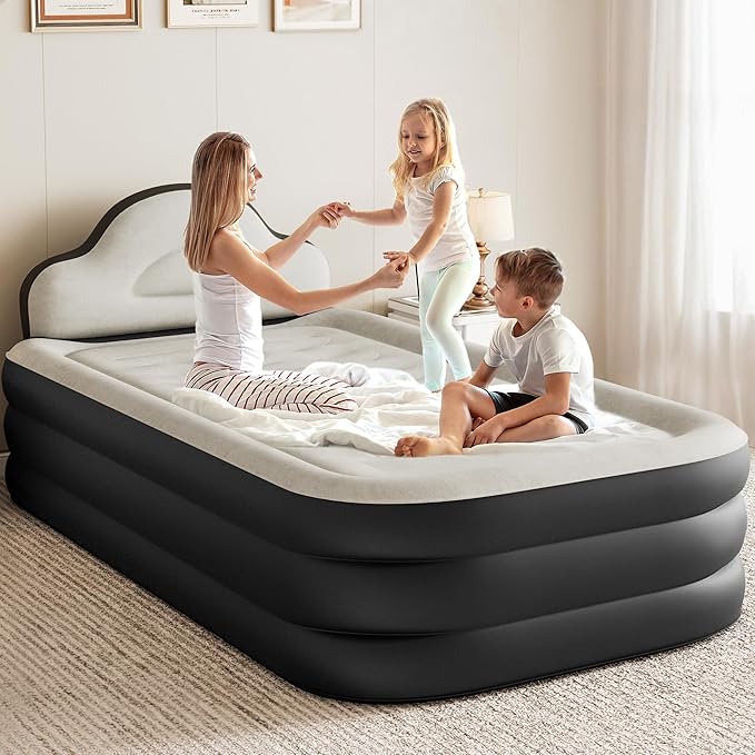 YITAHOME Twin Size Inflatable Bed with Integrated Pump and Headboard, 18-inch Blow-Up Mattress Including Extra Inflation Valve, Carry Bag, and Repair Kit, Ideal for Travel, Camping, and Guest (Black)