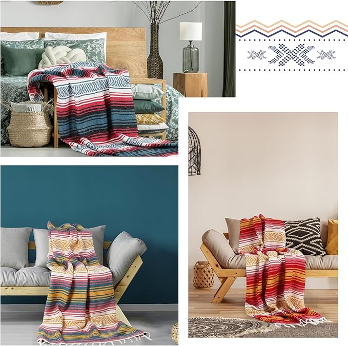 Peryiter 9 Pcs Mexican Blanket Bulk Large Yoga Blanket Striped Falsa with Fringed for Outdoor Beach Picnic Couch, 45 x 70 inch(Light Colors)