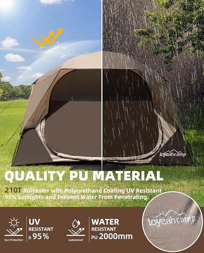 Tents for Camping 4 Person Tent Waterproof Easy Setup Dome Family Tent with Rainfly Large Tents for Outdoor Camping&Hiking,Polyurethane Material, Khaki